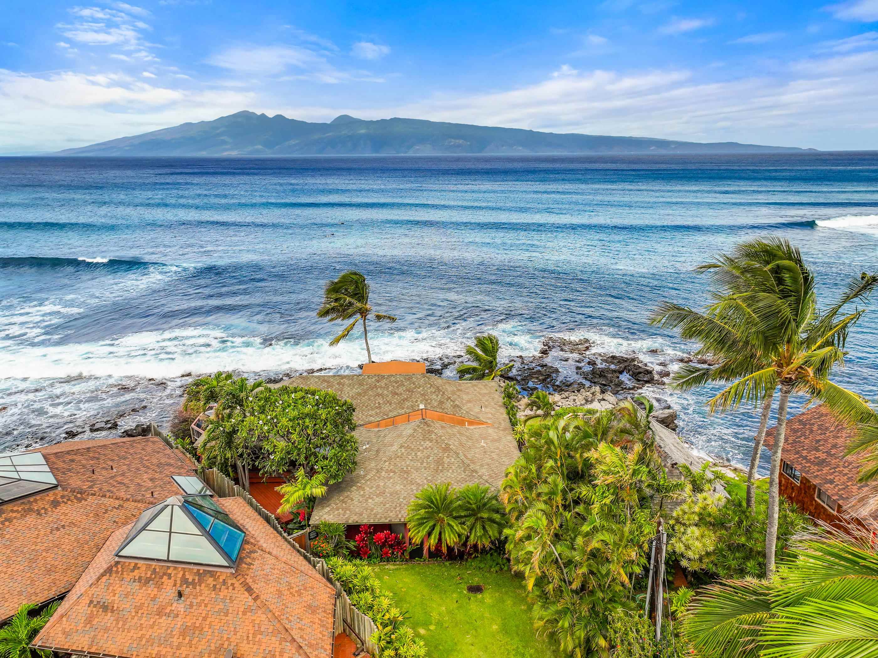 Aerial over the rooftop skylight, looking past palms to the open channel and the neighbour island on the horizon